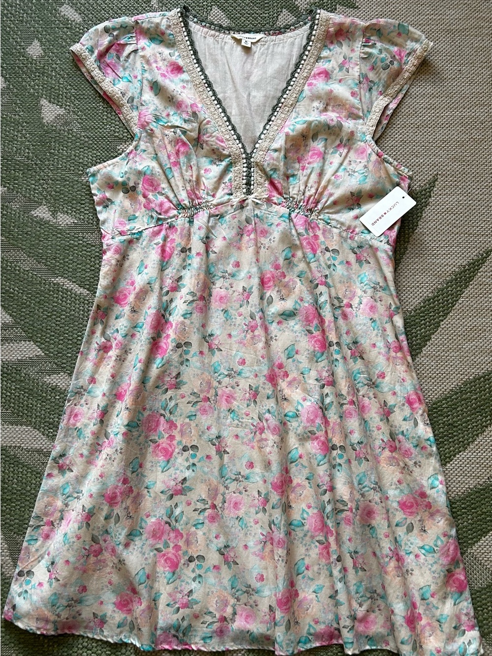 Lucky Brand Pink & Teal Floral Empire-Waist Dress with Embroidered Trim NWT
